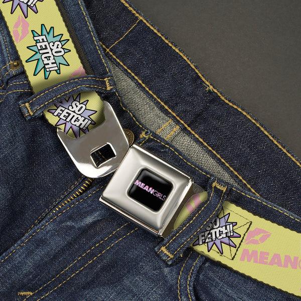 Buckle-Down MEAN GIRLS Title Logo Full Color Black/White Seatbelt Belt - MEAN GIRLS Title Logo SO FETCH Quote Collage Yellow/Pink/Blue Webbing