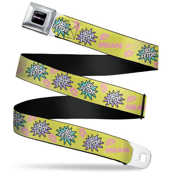 Buckle-Down MEAN GIRLS Title Logo Full Color Black/White Seatbelt Belt - MEAN GIRLS Title Logo SO FETCH Quote Collage Yellow/Pink/Blue Webbing