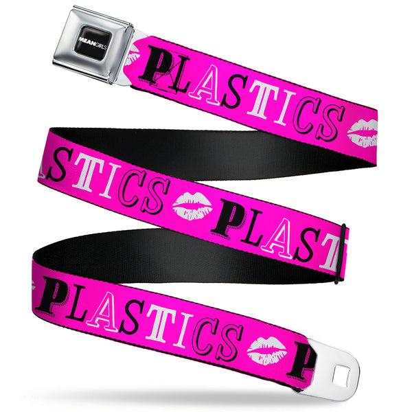 Buckle-Down MEAN GIRLS Title Logo Full Color Black/White Seatbelt Belt - Mean Girls PLASTICS Collage Pink/Black/White Webbing