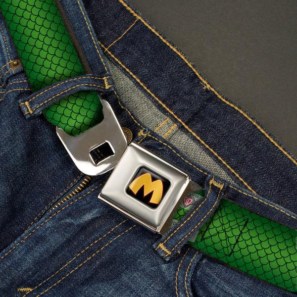 Buckle-Down Mera Logo Full Color Black Red Gold Seatbelt Belt - MERA Bombshell Salute Pose/Scales Greens/Gold Webbing
