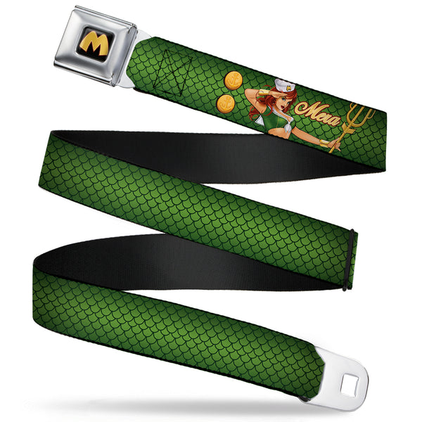 Buckle-Down Mera Logo Full Color Black Red Gold Seatbelt Belt - MERA Bombshell Salute Pose/Scales Greens/Gold Webbing