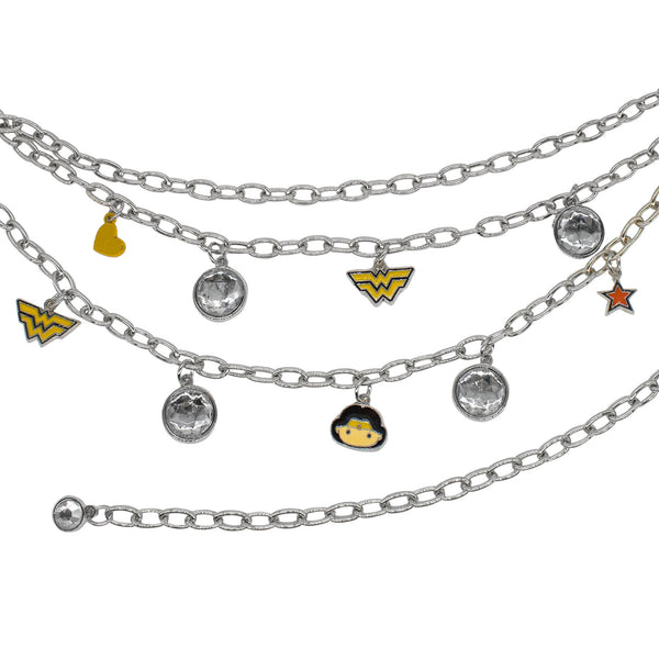 Buckle-Down Metal Chain Belt - Silver Chain With Wonder Woman Chibi Face And Logo Charms