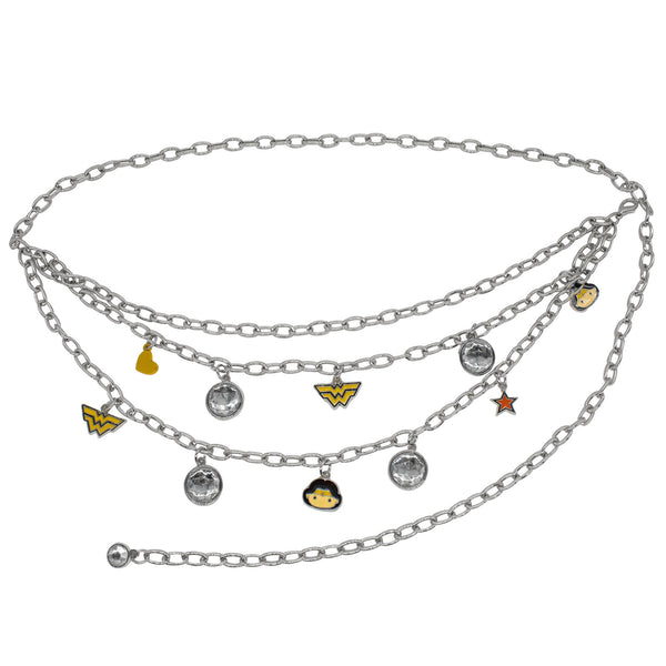Buckle-Down Metal Chain Belt - Silver Chain with Wonder Woman Chibi Face and Logo Charms