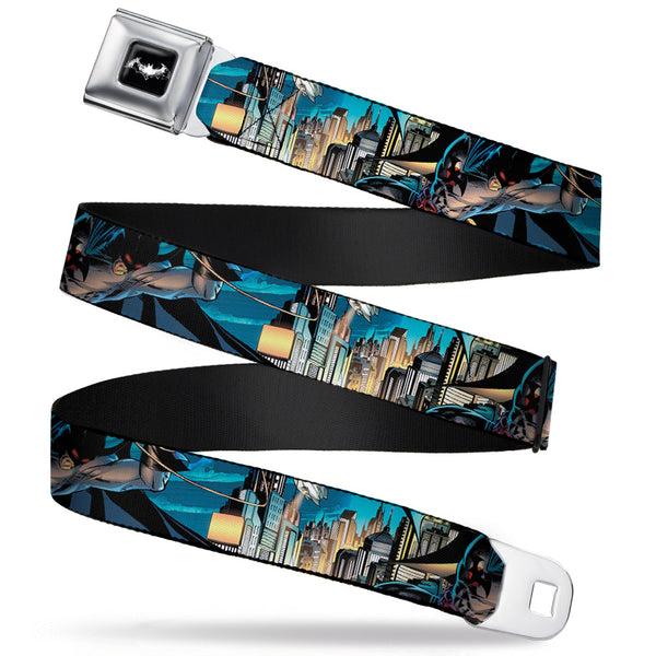 Buckle-Down Mini Stacked Bats Dots Batman Logo Full Color Black White Gray Seatbelt Belt - Flashpoint Batman Action Pose/Cityscape Webbing