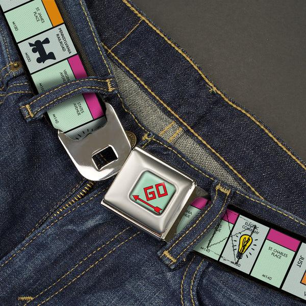 Buckle-Down Monopoly GO Space Full Color Seatbelt Belt - Monopoly Game Board Space Blocks Webbing
