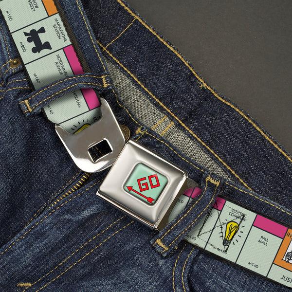 Buckle-Down Monopoly GO Space Full Color Seatbelt Belt - Monopoly British UK Game Board Space Blocks Webbing