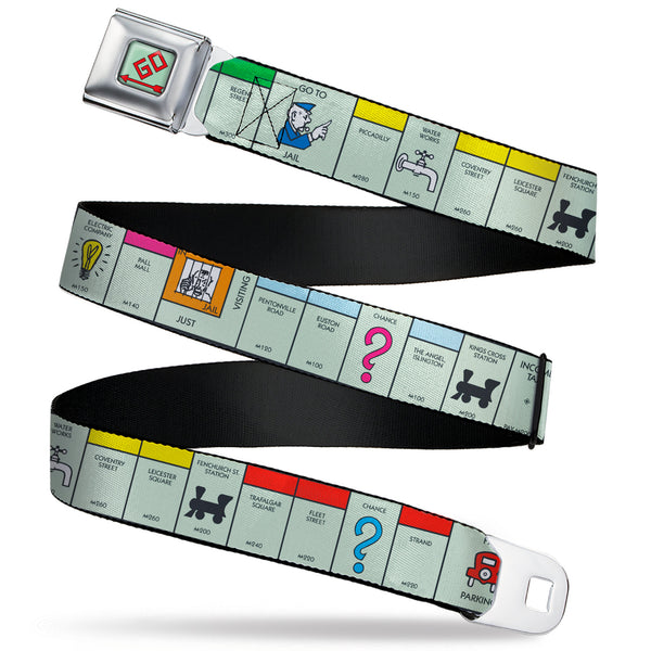 Buckle-Down Monopoly GO Space Full Color Seatbelt Belt - Monopoly British UK Game Board Space Blocks Webbing