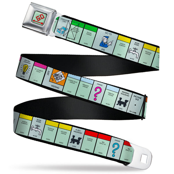 Buckle-Down Monopoly GO Space Full Color Seatbelt Belt - Monopoly Game Board Space Blocks Webbing
