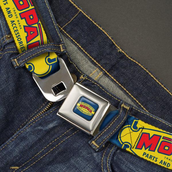 Buckle-Down MOPAR 1937-1947 Logo Full Color Blue/Yellow/Red Seatbelt Belt - MOPAR 1937-1947 Logo-USE CHRYSLER ENGINEERED MOPAR PARTS AND ACCESSORIES Blue/Yellow/Red Webbing