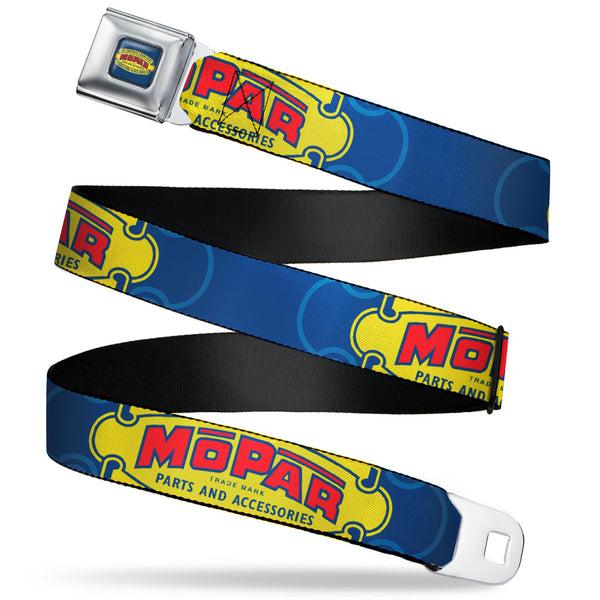 Buckle-Down MOPAR 1937-1947 Logo Full Color Blue/Yellow/Red Seatbelt Belt - MOPAR 1937-1947 Logo-USE CHRYSLER ENGINEERED MOPAR PARTS AND ACCESSORIES Blue/Yellow/Red Webbing