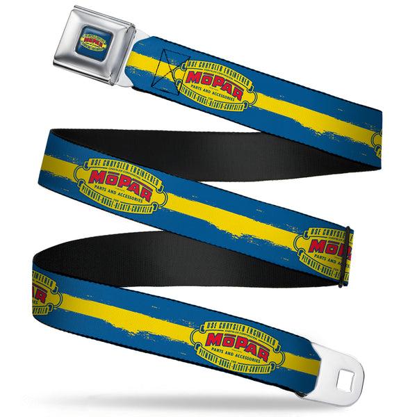 Buckle-Down MOPAR 1937-1947 Logo Full Color Blue Yellow Red Seatbelt Belt - MOPAR 1937-1947 Logo-USE CHRYSLER ENGINEERED MOPAR PARTS AND ACCESSORIES/Paint Stripe Blue/Yellow/Red Webbing