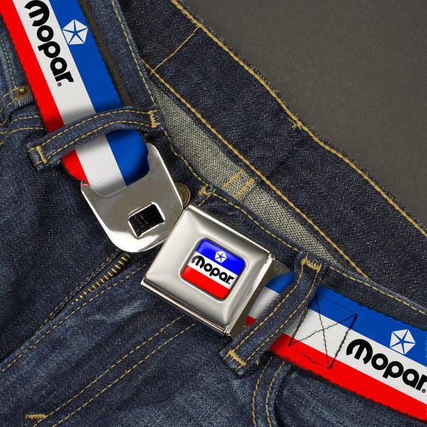 Buckle-Down MOPAR Chrysler Logo Full Color White/Blue/Red/Black Seatbelt Belt - MOPAR Logo/Stripe Blue/White/Red Webbing