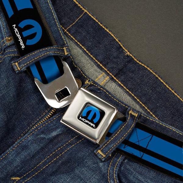 Buckle-Down MOPAR Logo Full Color Black Blue White Seatbelt Belt - MOPAR Logo/Stripe Black/Blue Webbing