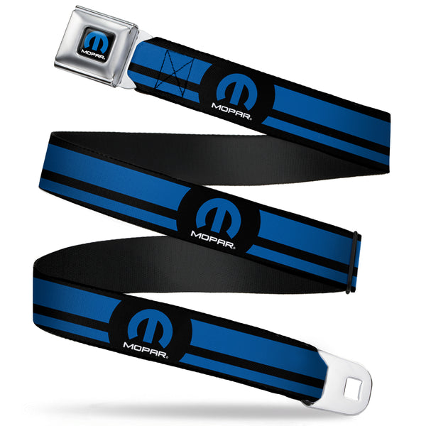 Buckle-Down MOPAR Logo Full Color Black Blue White Seatbelt Belt - MOPAR Logo/Stripe Black/Blue Webbing