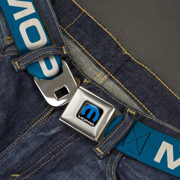 Buckle-Down MOPAR Logo Full Color Black/Blue/White Seatbelt Belt - MOPAR Text Blue/White Webbing