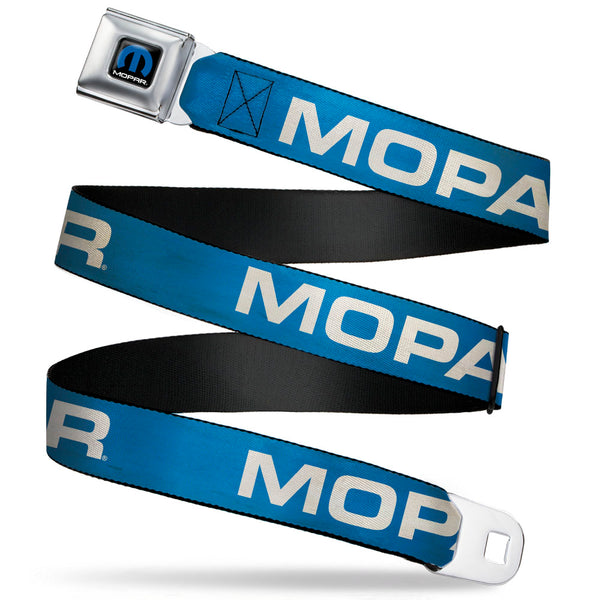 Buckle-Down MOPAR Logo Full Color Black/Blue/White Seatbelt Belt - MOPAR Text Blue/White Webbing