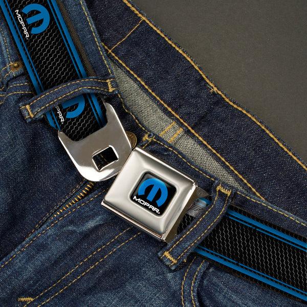 Buckle-Down MOPAR Logo Full Color Black Blue White Seatbelt Belt - MOPAR Logo/Stripe/Grill Black/Grays/Blues Webbing