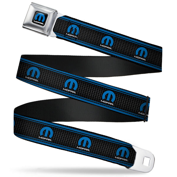 Buckle-Down MOPAR Logo Full Color Black Blue White Seatbelt Belt - MOPAR Logo/Stripe/Grill Black/Grays/Blues Webbing