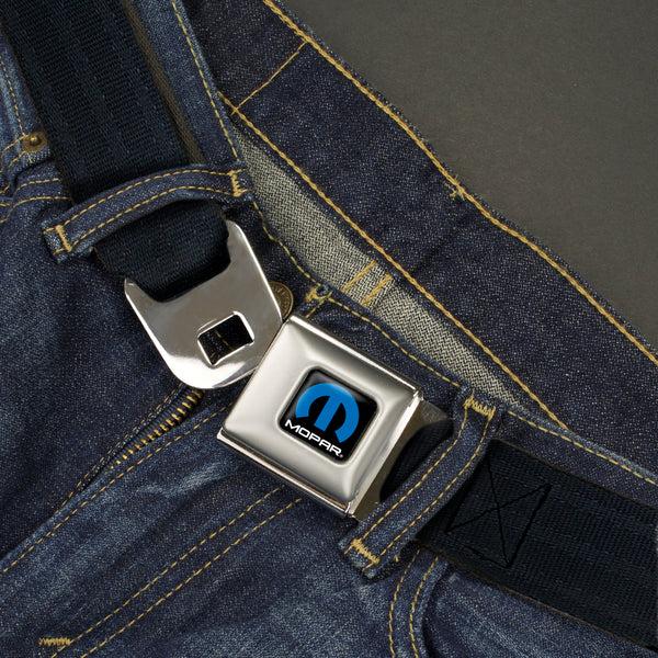 Buckle-Down MOPAR Logo Full Color Black/Blue/White Seatbelt Belt - Black Panel Webbing