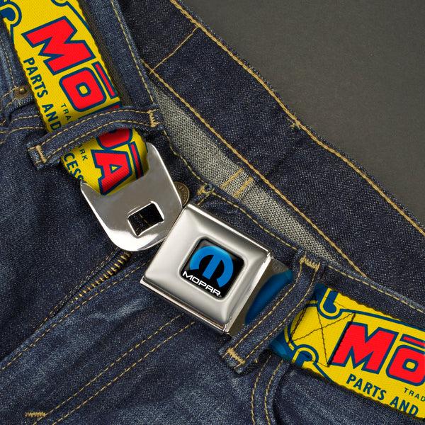 Buckle-Down MOPAR Logo Full Color Black/Blue/White Seatbelt Belt - MOPAR 1937-1947 Logo-USE CHRYSLER ENGINEERED MOPAR PARTS AND ACCESSORIES Blue/Yellow/Red Webbing