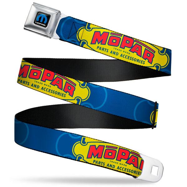 Buckle-Down MOPAR Logo Full Color Black/Blue/White Seatbelt Belt - MOPAR 1937-1947 Logo-USE CHRYSLER ENGINEERED MOPAR PARTS AND ACCESSORIES Blue/Yellow/Red Webbing