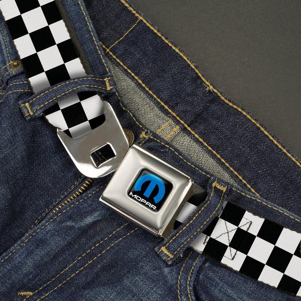 Buckle-Down MOPAR Logo Full Color Black/Blue/White Seatbelt Belt - Checker Black/White Webbing