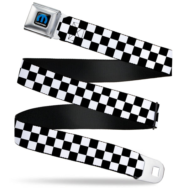 Buckle-Down MOPAR Logo Full Color Black/Blue/White Seatbelt Belt - Checker Black/White Webbing