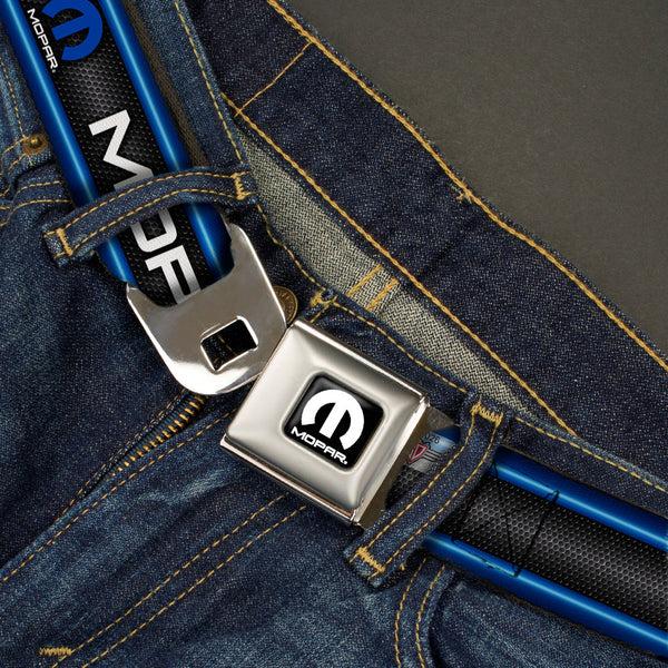 Buckle-Down MOPAR Logo Full Color Black White Seatbelt Belt - MOPAR Text/Logo/Stripe/Grill Black/Grays/Blue Glow/White Webbing