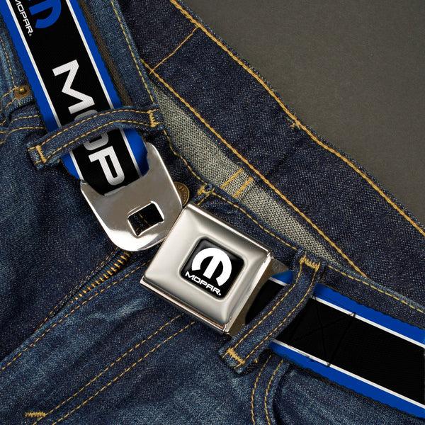 Buckle-Down MOPAR Logo Full Color Black White Seatbelt Belt - MOPAR Text/Logo/Stripe Blue/White/Black Webbing