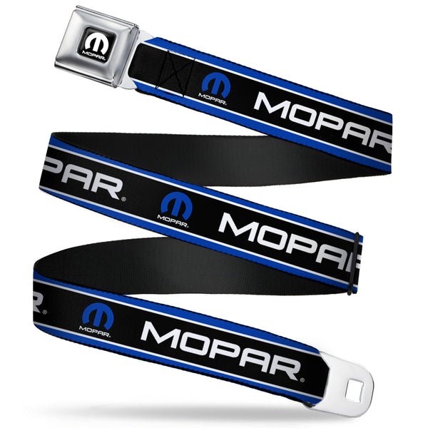 Buckle-Down MOPAR Logo Full Color Black White Seatbelt Belt - MOPAR Text/Logo/Stripe Blue/White/Black Webbing