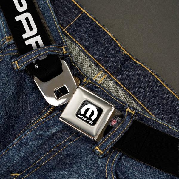 Buckle-Down MOPAR Logo Full Color Black White Seatbelt Belt - MOPAR Text Black/White Webbing