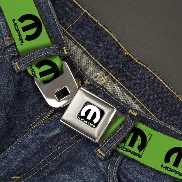Buckle-Down MOPAR Logo Full Color Black/White Seatbelt Belt - MOPAR Logo Repeat Green/Black Webbing