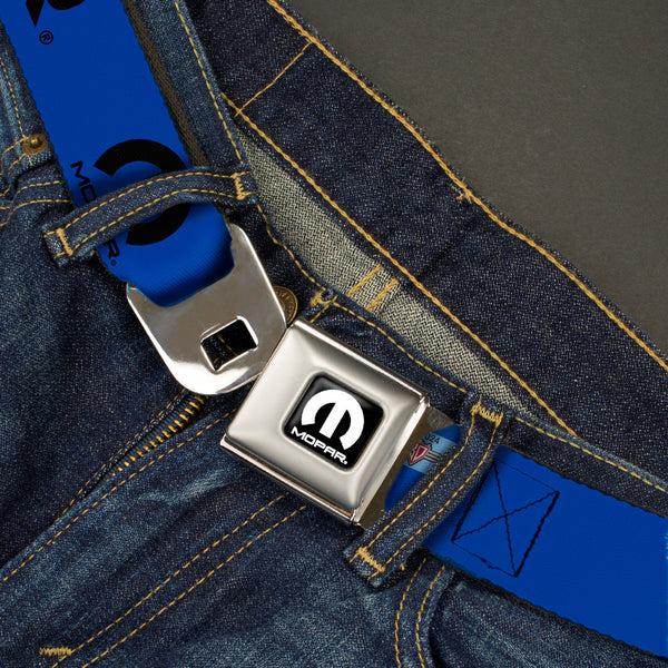 Buckle-Down MOPAR Logo Full Color Black White Seatbelt Belt - MOPAR Text/Logo Blue/Black Webbing