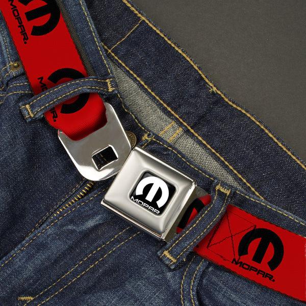 Buckle-Down MOPAR Logo Full Color Black/White Seatbelt Belt - MOPAR Logo Repeat Red/Black Webbing