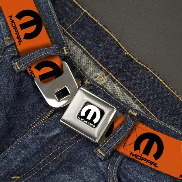 Buckle-Down MOPAR Logo Full Color Black/White Seatbelt Belt - MOPAR Logo Repeat Orange/Black Webbing