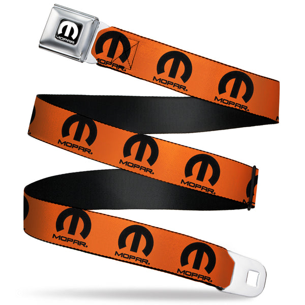 Buckle-Down MOPAR Logo Full Color Black/White Seatbelt Belt - MOPAR Logo Repeat Orange/Black Webbing