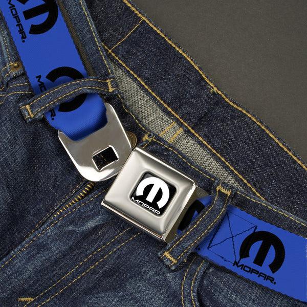Buckle-Down MOPAR Logo Full Color Black/White Seatbelt Belt - MOPAR Logo Repeat Blue/Black Webbing