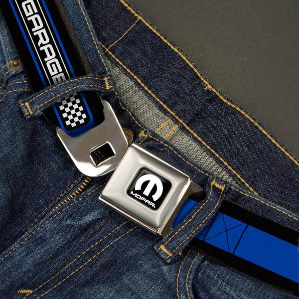Buckle-Down MOPAR Logo Full Color Black White Seatbelt Belt - MOPAR GARAGE Checker Logo/Stripe Black/Blue/White Webbing