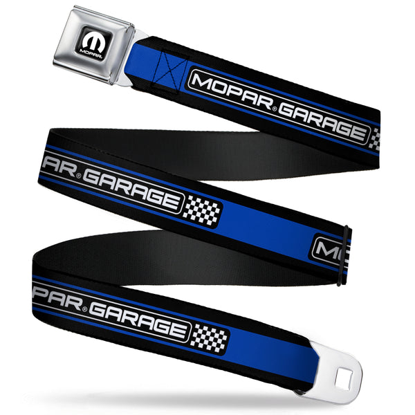 Buckle-Down MOPAR Logo Full Color Black White Seatbelt Belt - MOPAR GARAGE Checker Logo/Stripe Black/Blue/White Webbing