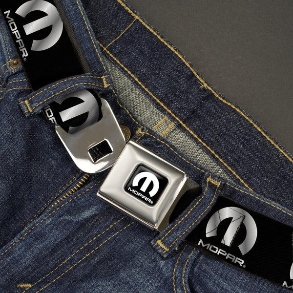 Buckle-Down MOPAR Logo Full Color Black/White Seatbelt Belt - MOPAR Logo Repeat Black/Silver Gradient Webbing