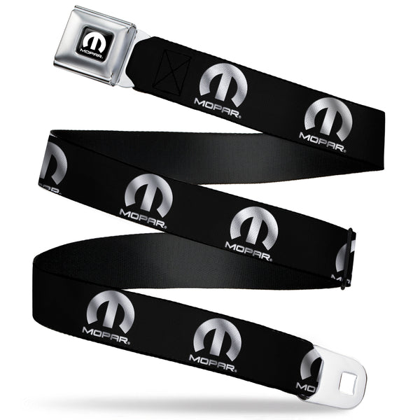 Buckle-Down MOPAR Logo Full Color Black/White Seatbelt Belt - MOPAR Logo Repeat Black/Silver Gradient Webbing