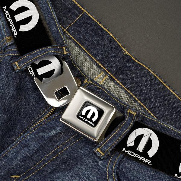 Buckle-Down MOPAR Logo Full Color Black/White Seatbelt Belt - MOPAR Logo Repeat Black/White Webbing