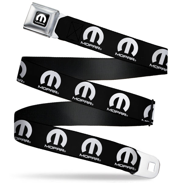 Buckle-Down MOPAR Logo Full Color Black/White Seatbelt Belt - MOPAR Logo Repeat Black/White Webbing
