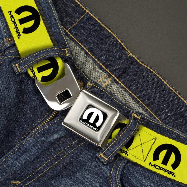 Buckle-Down MOPAR Logo Full Color Black/White Seatbelt Belt - MOPAR Logo Repeat Yellow/Black Webbing
