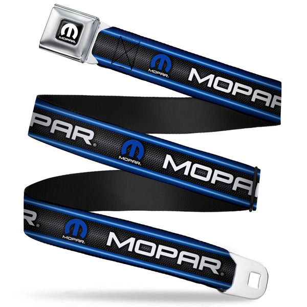 Buckle-Down MOPAR Logo Full Color Black White Seatbelt Belt - MOPAR Text/Logo/Stripe/Grill Black/Grays/Blue Glow/White Webbing