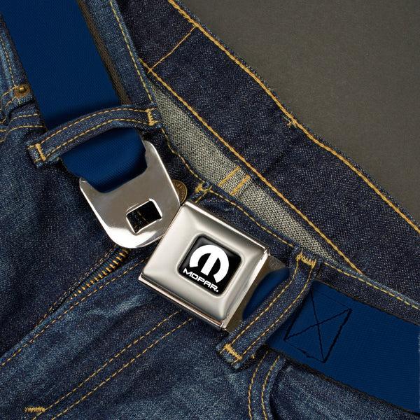 Buckle-Down MOPAR Logo Full Color Black White Seatbelt Belt - Navy Webbing