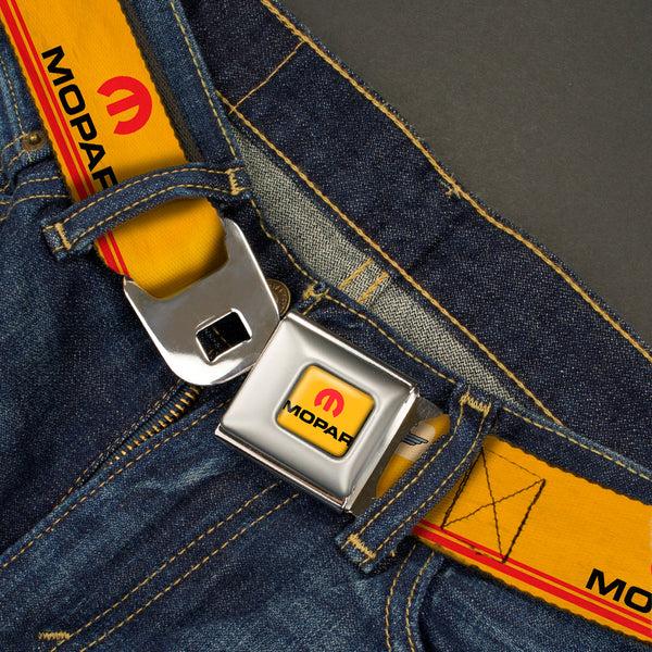 Buckle-Down MOPAR Logo Full Color Gold Red Black Seatbelt Belt - MOPAR Logo Double-Stripe Vintage Gold/Red/Black Webbing