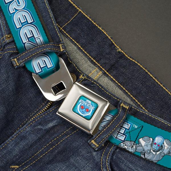 Buckle-Down MR. FREEZE Title Logo And Face Full Color Blues Seatbelt Belt - DC Batman Villain MR. FREEZE Poses And Title Logo Blues Webbing