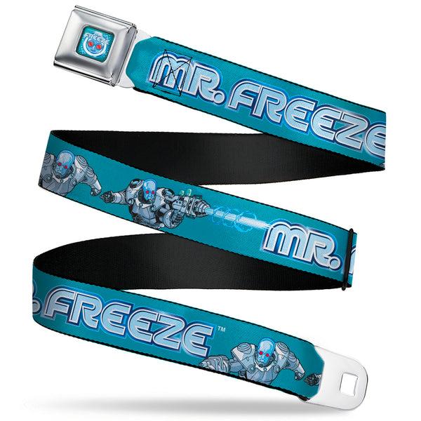 Buckle-Down MR. FREEZE Title Logo and Face Full Color Blues Seatbelt Belt - DC Batman Villain MR. FREEZE Poses and Title Logo Blues Webbing