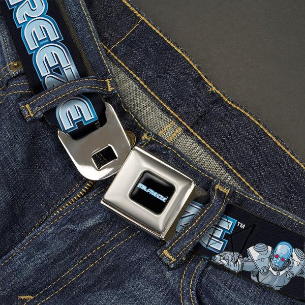 Buckle-Down MR. FREEZE Title Logo Full Color Black Seatbelt Belt - DC Batman Villain MR. FREEZE Poses And Title Logo Black/Blues Webbing